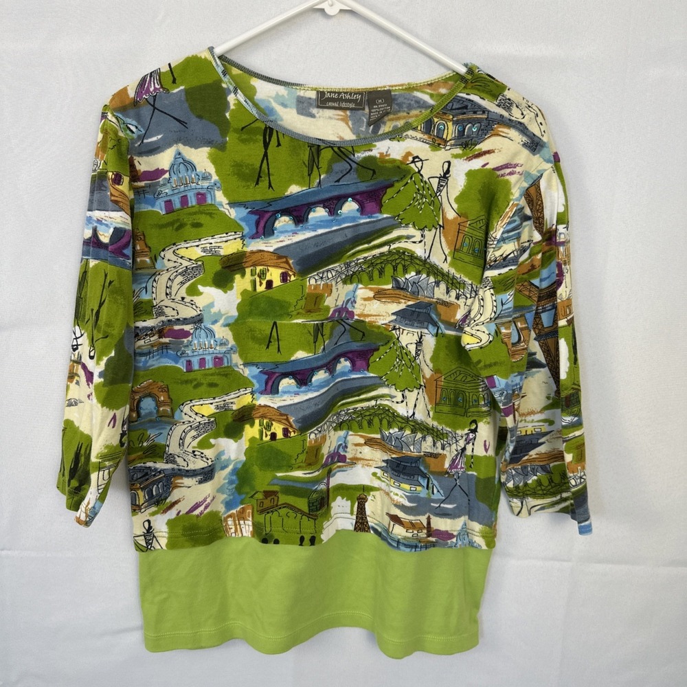 Jane Ashley Top Women's Sz Medium 3/4 Sleeves 100% Cotton Knit Colorful